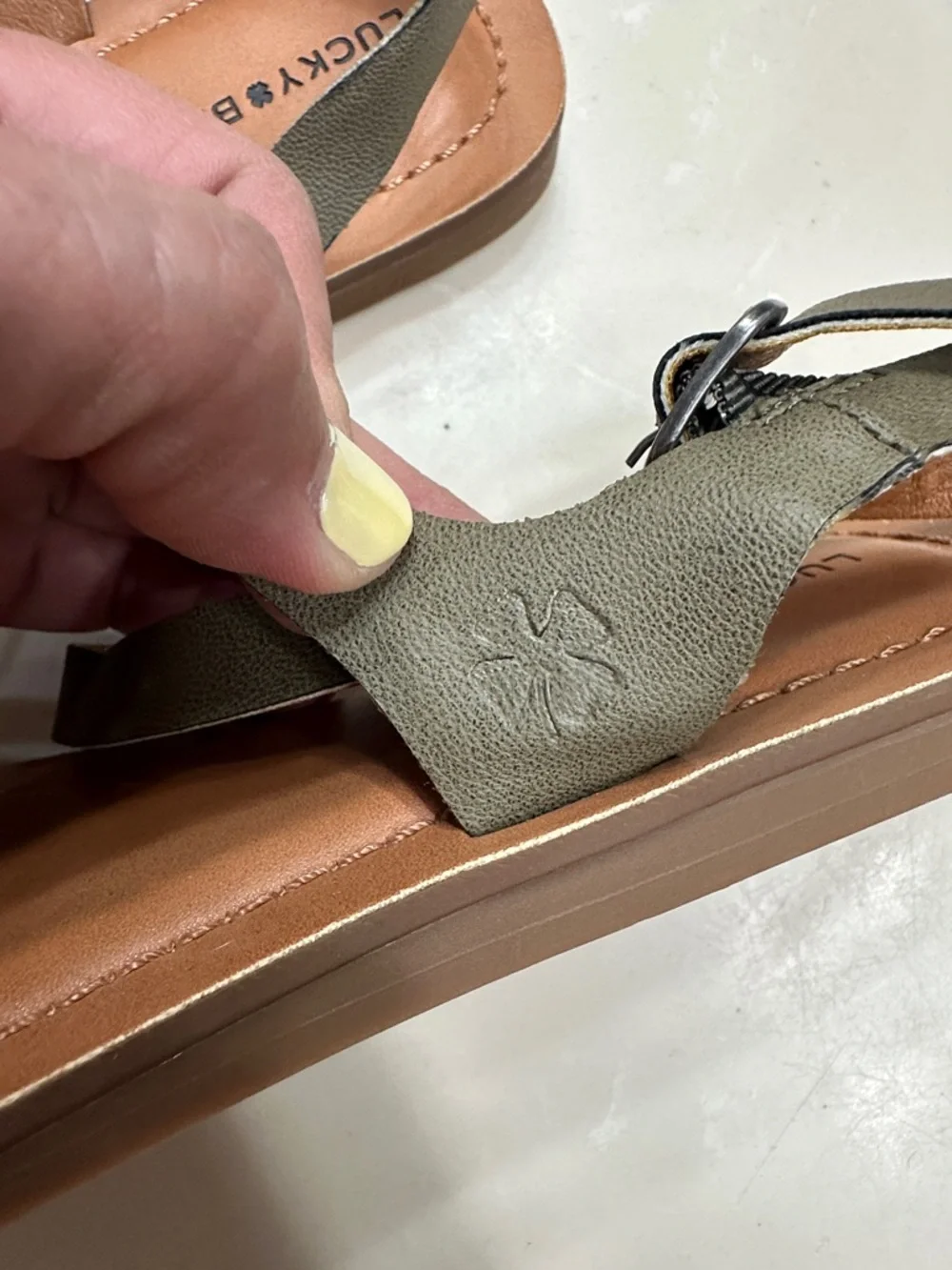 Lucky Brand Olive Strappy Flat Sandals with Tan Footbed - Picture 3 of 6